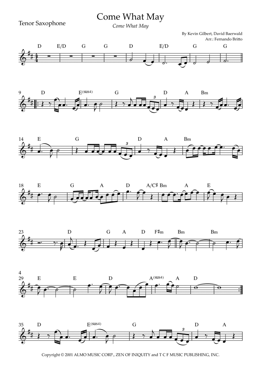 Come What May Tenor Saxophone scores gallery preview page 1