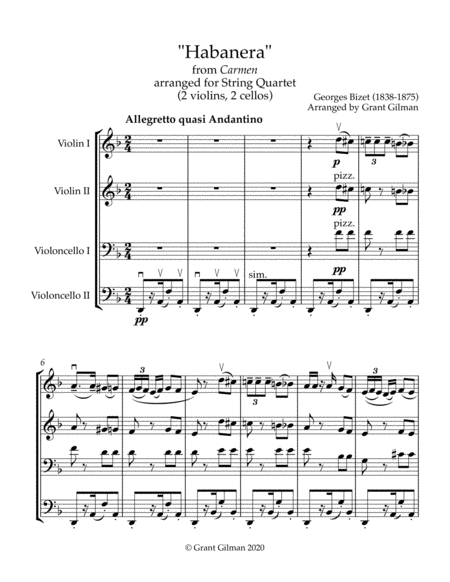 "Habanera" from Bizet's Carmen - for Unique String Quartet: 2 violins, 2 Cellos - Score & Parts image number null