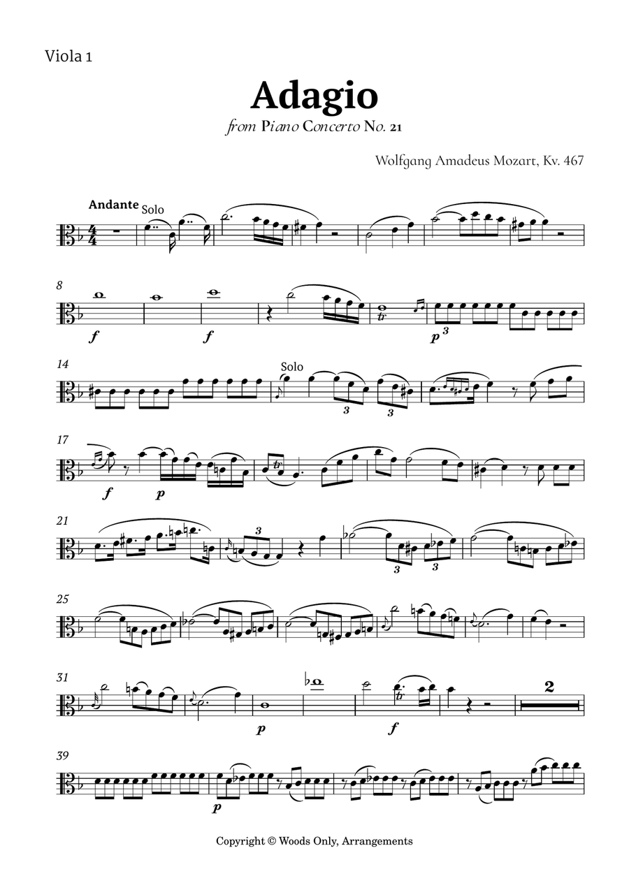 Andante from Piano Concerto No. 21 by Mozart for Viola Quartet String Quartet scores gallery preview page 6