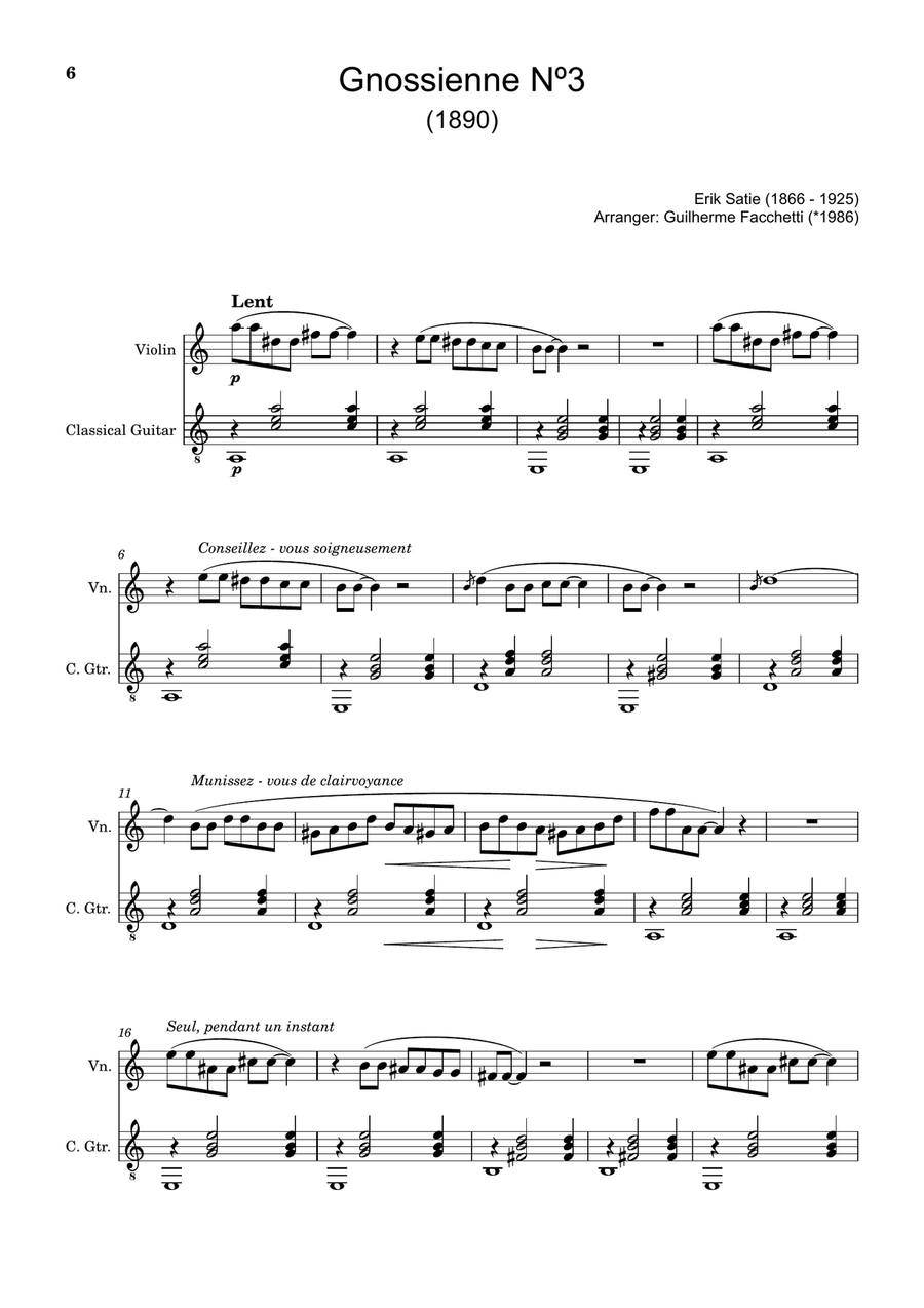 Erik Satie - Six Gnossiennes. Three Gymnopédies. Arrangement for Violin and Classical Guitar. String Duet scores gallery preview page 6