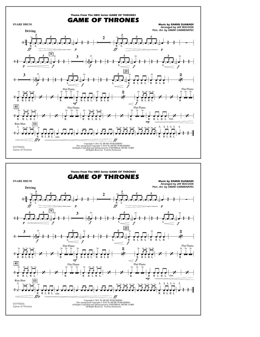 Game of Thrones (arr. Jay Bocook) - Snare Drum Marching Band scores gallery preview page 1
