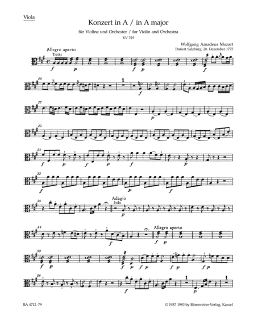 Concerto for Violin and Orchestra, No. 5 A major, KV 219 by Wolfgang Amadeus Mozart Violin Solo - Sheet Music