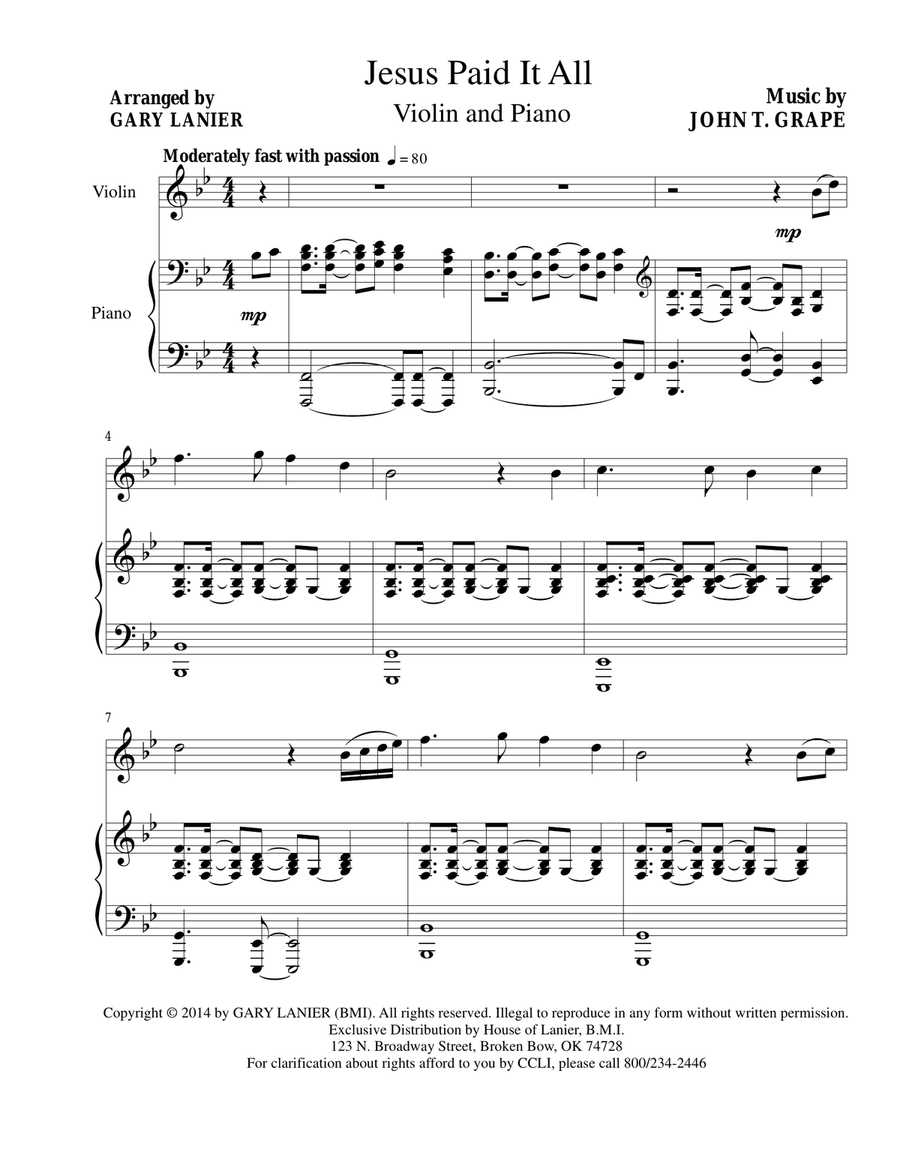 JESUS PAID IT ALL (Vln and Piano with Vln Part) Violin scores gallery preview page 1