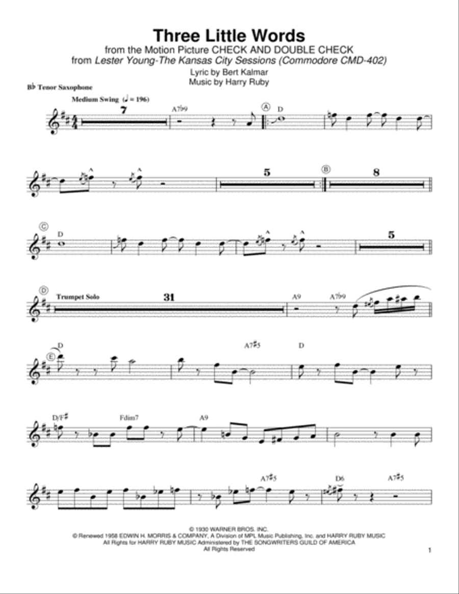 Three Little Words Three Little Words Tenor Saxophone scores gallery preview page 1