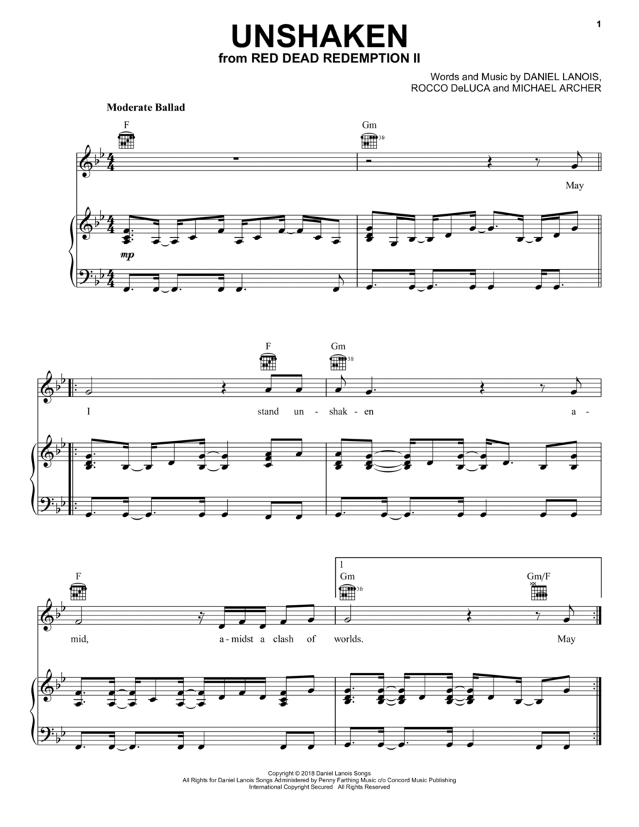Unshaken (from Red Dead Redemption 2) Piano, Vocal, Guitar scores gallery preview page 1