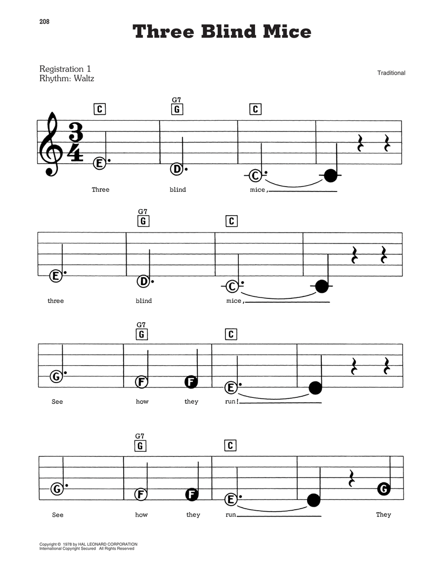 Three Blind Mice Electronic Keyboard scores gallery preview page 1