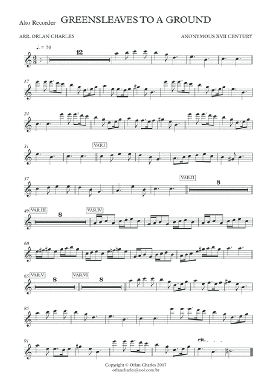 Anonymous - Greensleaves to a Ground - for recorder quartet and piano (harpsichord) Woodwind Quartet scores gallery preview page 4