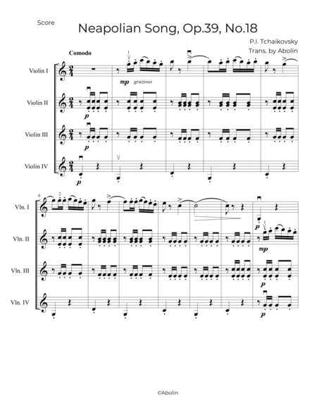Tchaikovsky: Neapolitan Song, Op.39, No.18 - arr. for Violin Quartet image number null