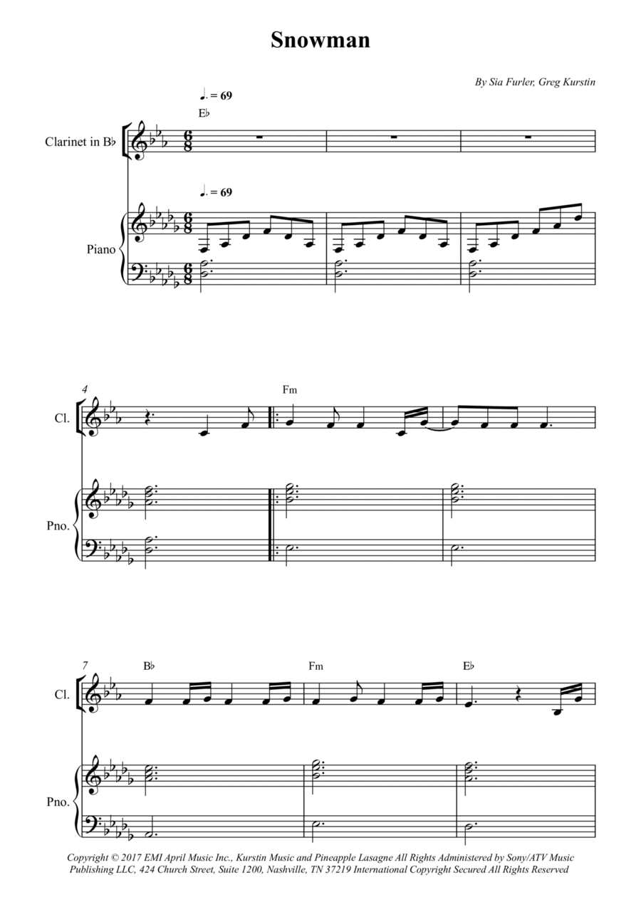 Snowman B-Flat Clarinet scores gallery preview page 1