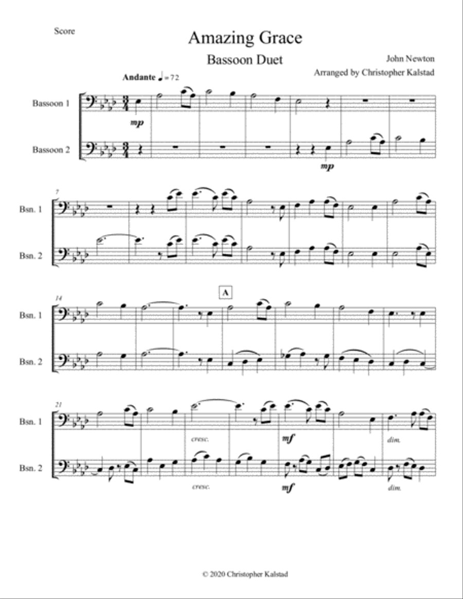 Amazing Grace (Bassoon Duet) Woodwind Duet scores gallery preview page 1