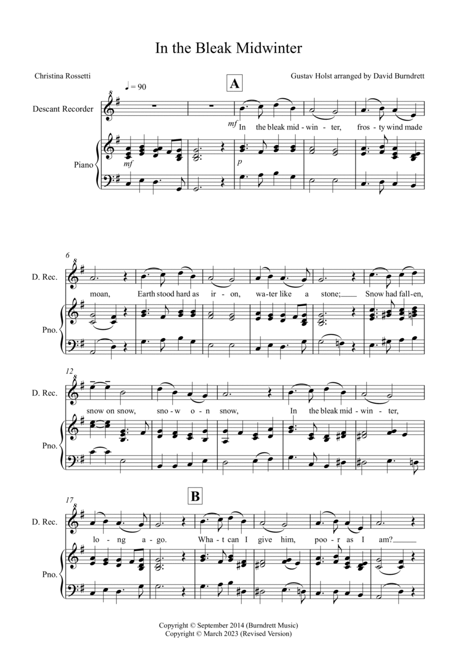 In the Bleak Midwinter for Descant Recorder and Piano Woodwind Duet scores gallery preview page 1