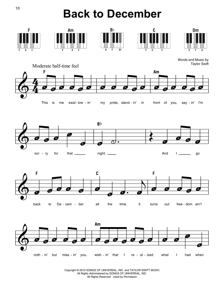 Back To December Easy Piano scores gallery preview page 1