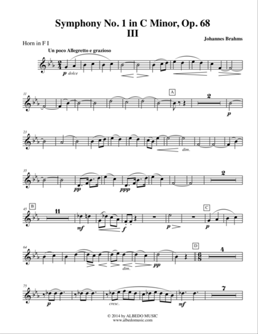 Brahms Symphony No. 1, Movement III - Horn in F 1 (Transposed Part), Op. 68 Horn Solo scores gallery preview page 1