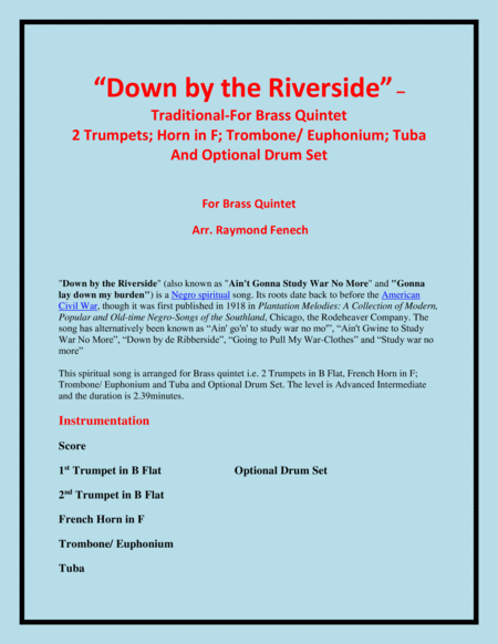 Down by the Riverside - Brass Quintet ( 2 B Flat Trumpets; Horn in F; Trombone/ Euphonium; Tuba and image number null