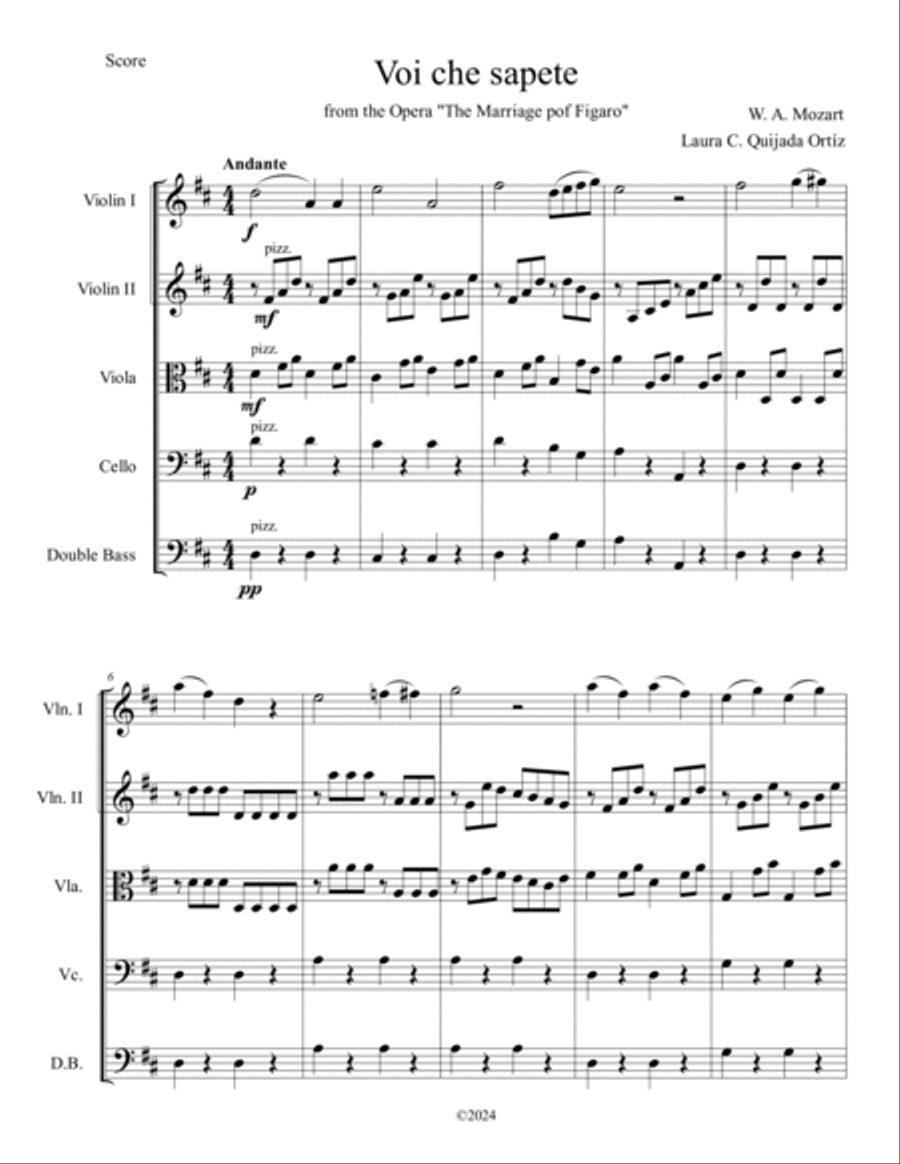 Voi che sapete, aria from The Marriage of Figaro. Easy. String orchestra. Score & parts. Chamber Music scores gallery preview page 3