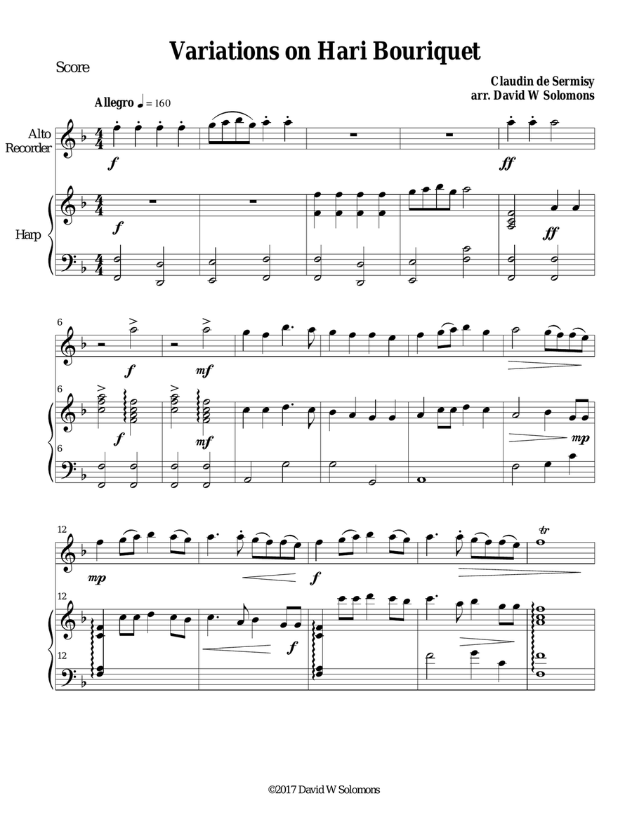 Variations on Hari Bouriquet for alto recorder and harp Alto Recorder scores gallery preview page 1