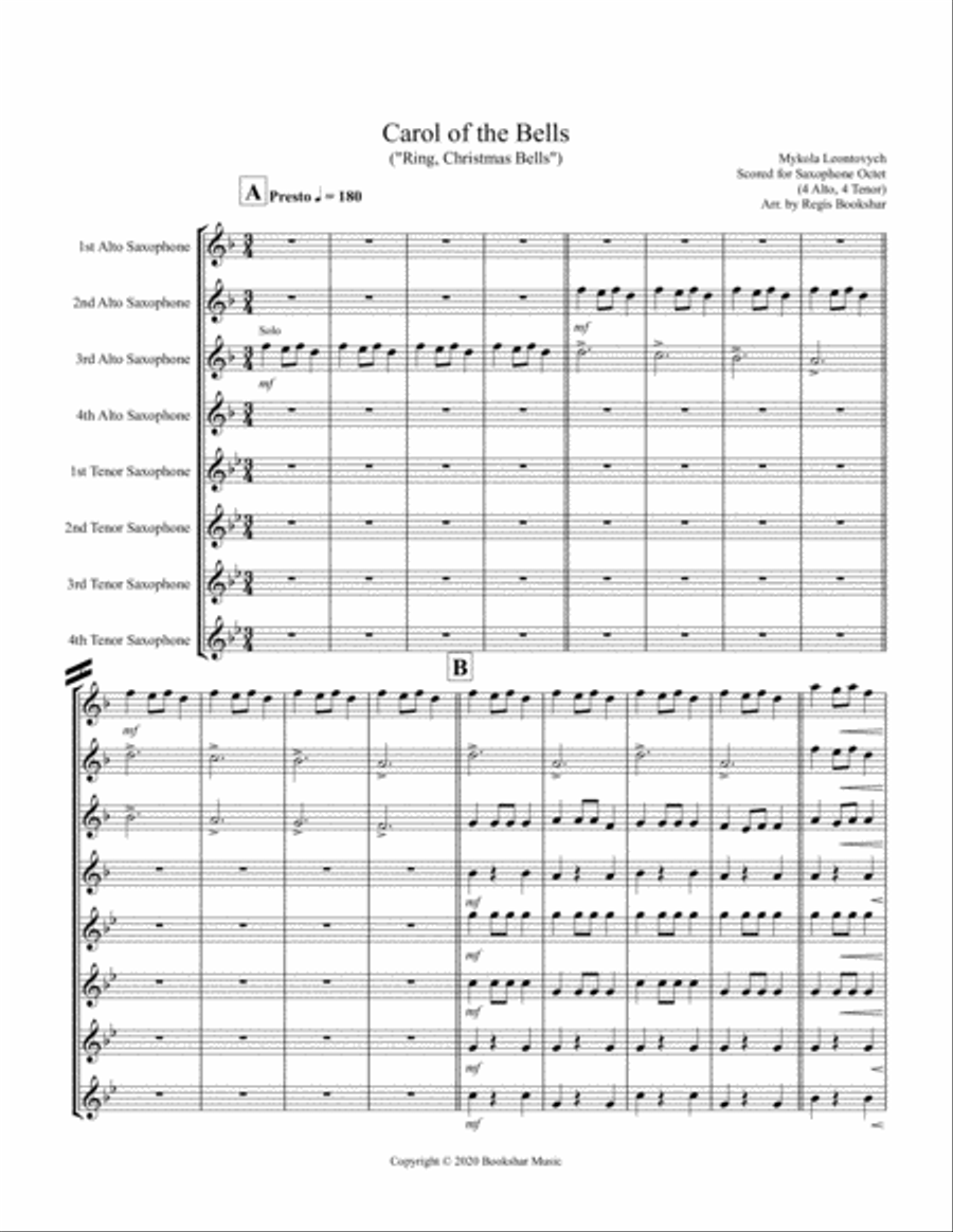 Carol of the Bells (F min) (Saxophone Octet - 4 Alto, 4 Ten) Woodwind Ensemble scores gallery preview page 1