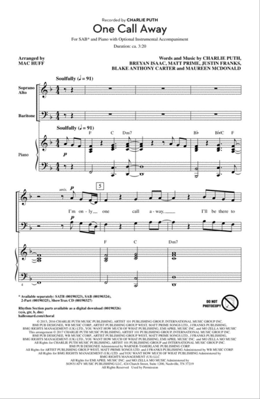 One Call Away 3-Part scores gallery preview page 1