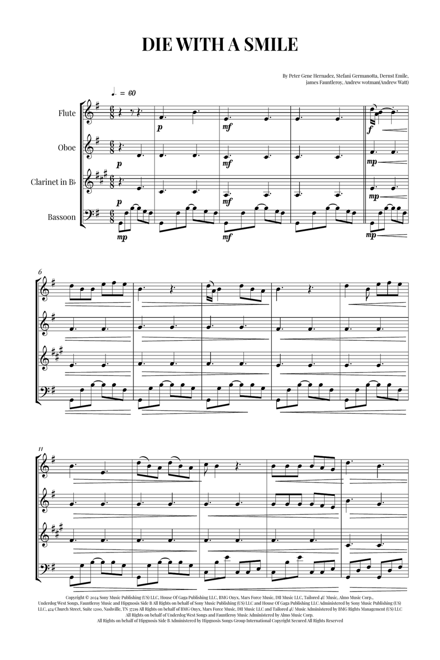 Die With A Smile Woodwind Quartet scores gallery preview page 1