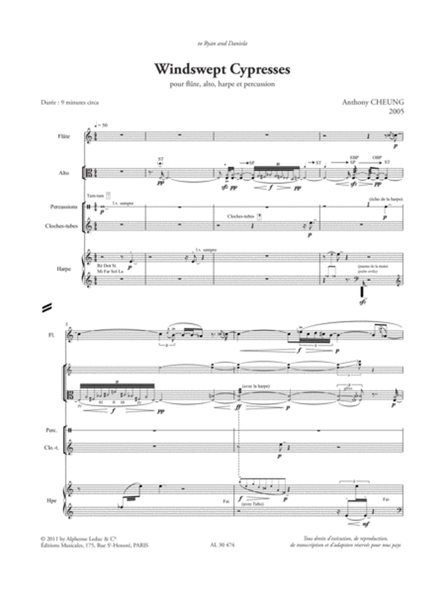Windswept Cypresses (9') Quatuor Pour Flute, Alto, Harpe Et Percussion (partit