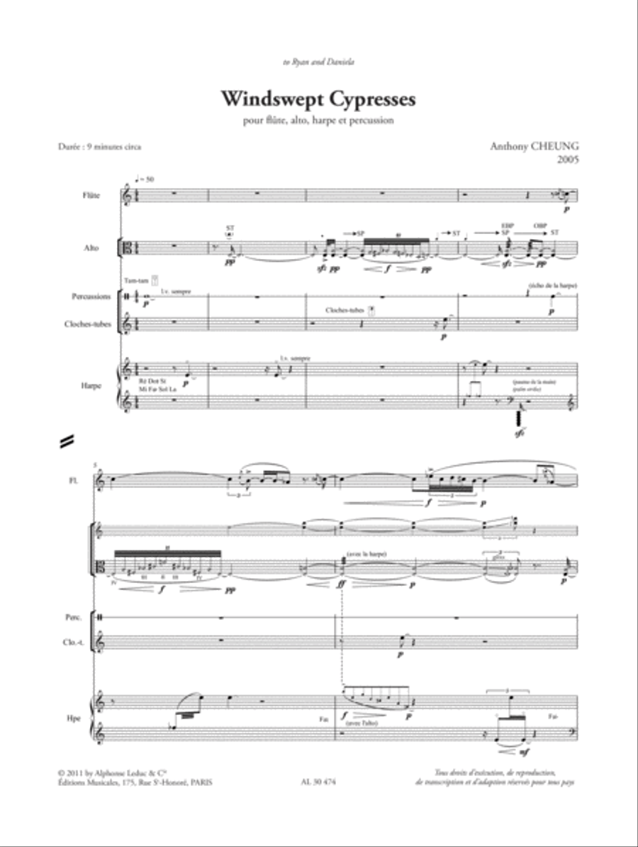 Windswept Cypresses (9') Quatuor Pour Flute, Alto, Harpe Et Percussion (partit Flute Solo scores gallery preview page 2