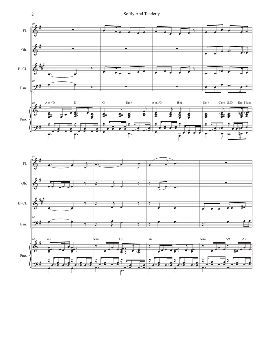 Softly And Tenderly (Woodwind Quartet and Piano) Woodwind Quartet scores gallery preview page 2