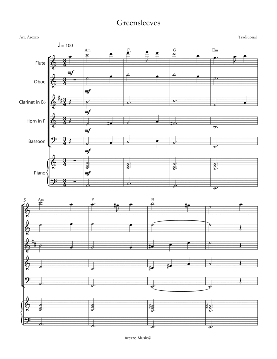 greensleeves woodwind quintet sheet music with piano accompaniment image number null