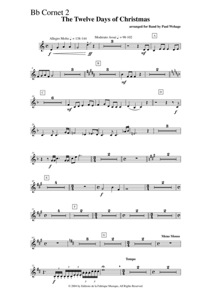 Paul Wehage : The Twelve Days Of Christmas, arranged for concert band, Bb cornet 3 part