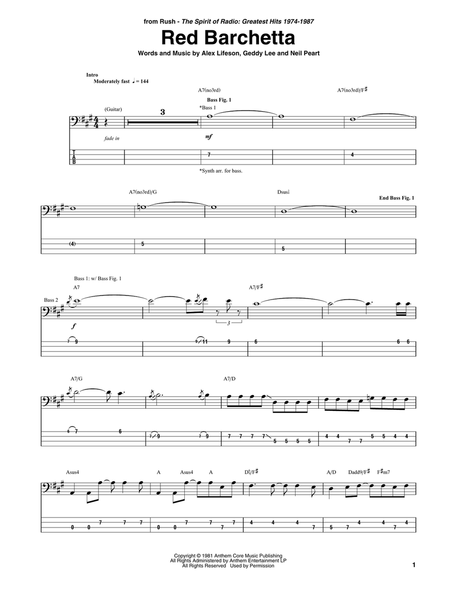 Red Barchetta Bass Guitar Tablature scores gallery preview page 1