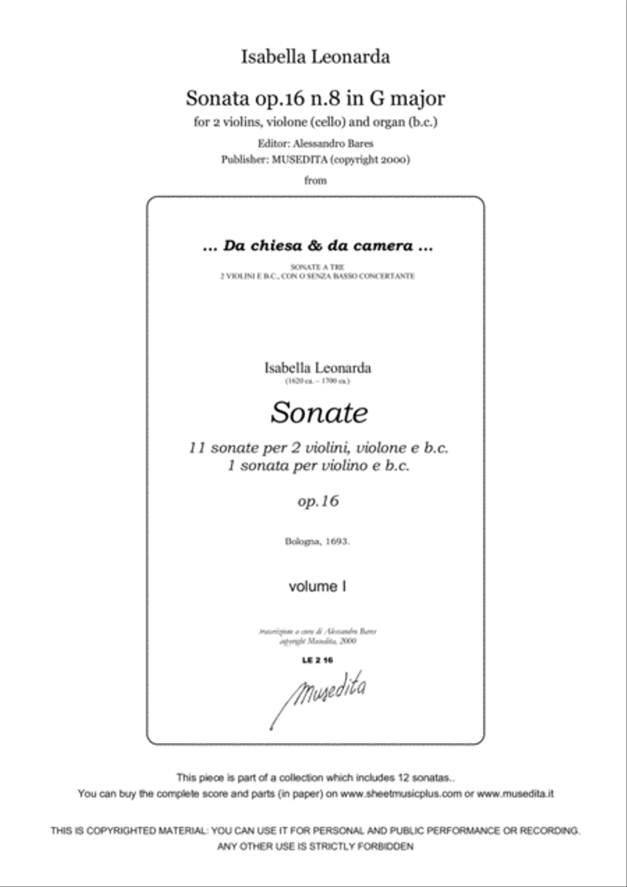 Isabella Leonarda, Sonata op.16 n.8 in G major Small Ensemble scores gallery preview page 1