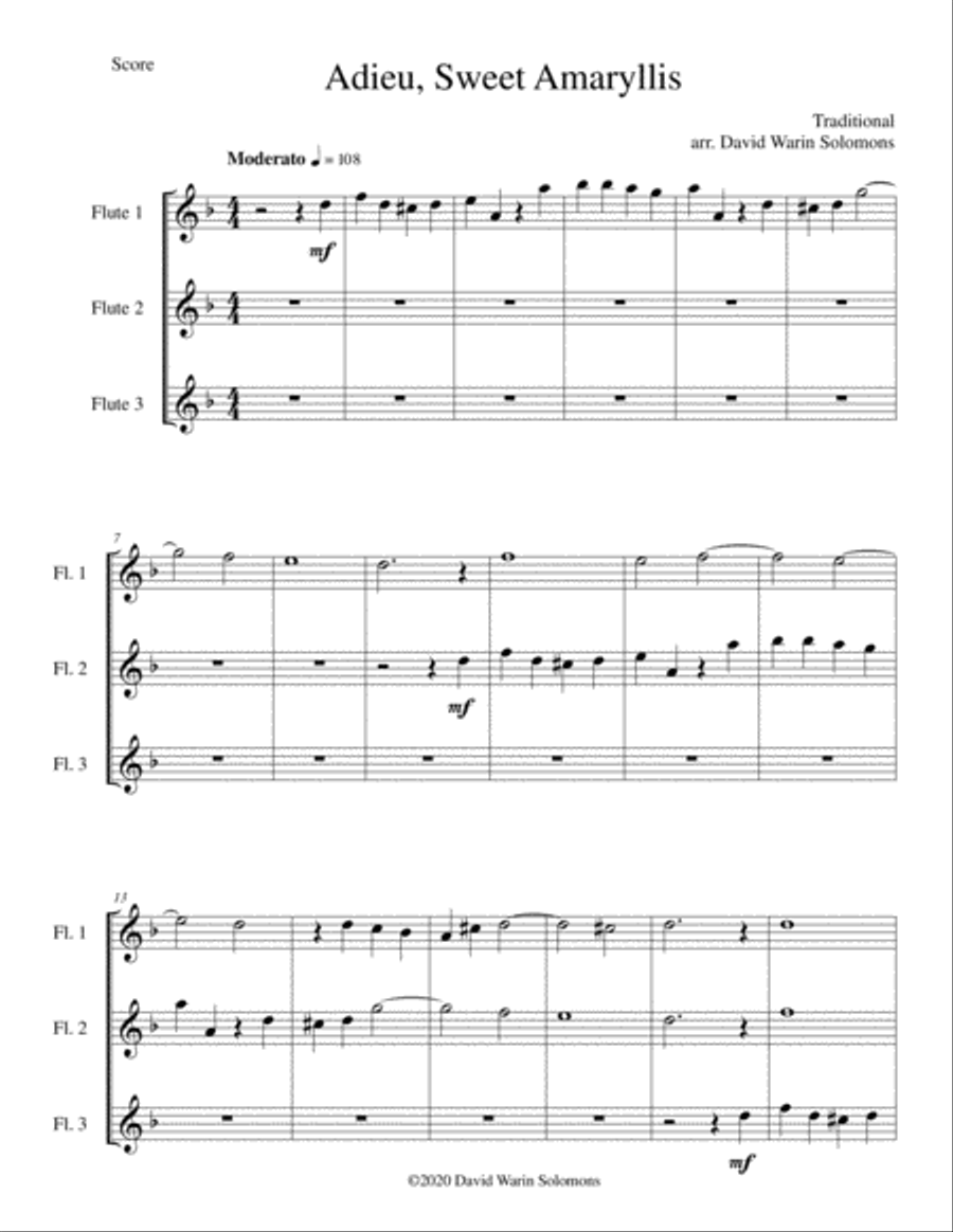 Adieu, sweet Amaryllis for 3 flutes Flute Solo scores gallery preview page 1