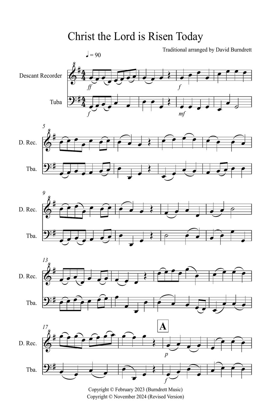 Christ The Lord is Risen Today for Descant Recorder and Tuba Duet Soprano Recorder scores gallery preview page 1