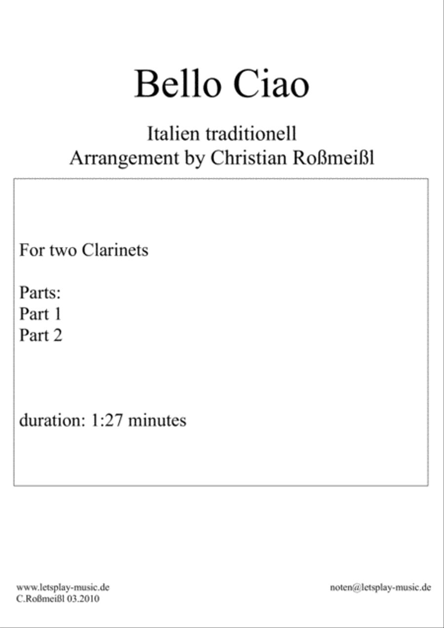 Bella Ciao for two Clarinets Clarinet Duet scores gallery preview page 1