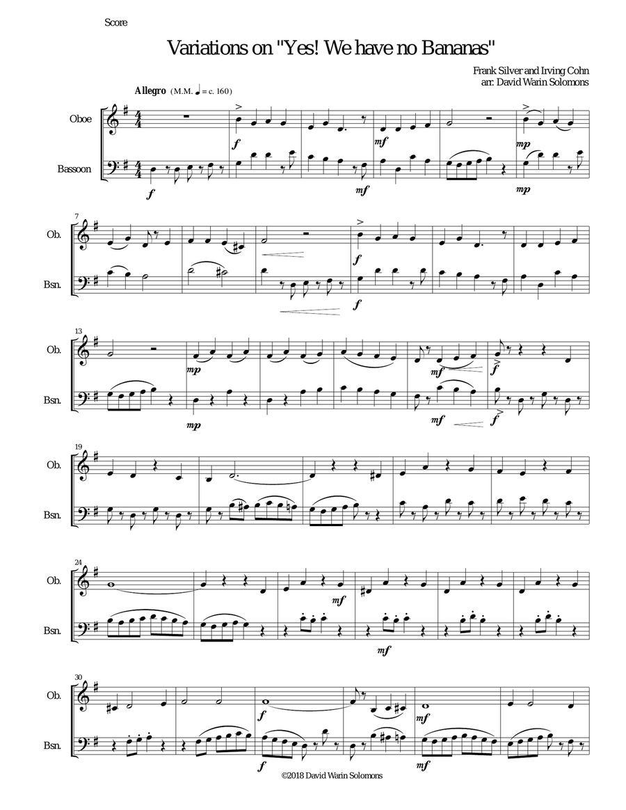 Variations on Yes We Have No Bananas for oboe and bassoon Woodwind Duet scores gallery preview page 1