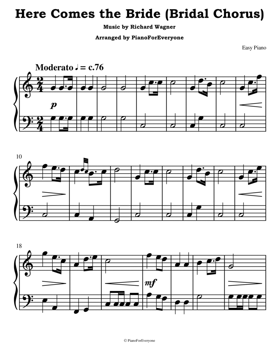 Here Comes the Bride - Bridal Chorus (Easy Piano) Easy Piano scores gallery preview page 1