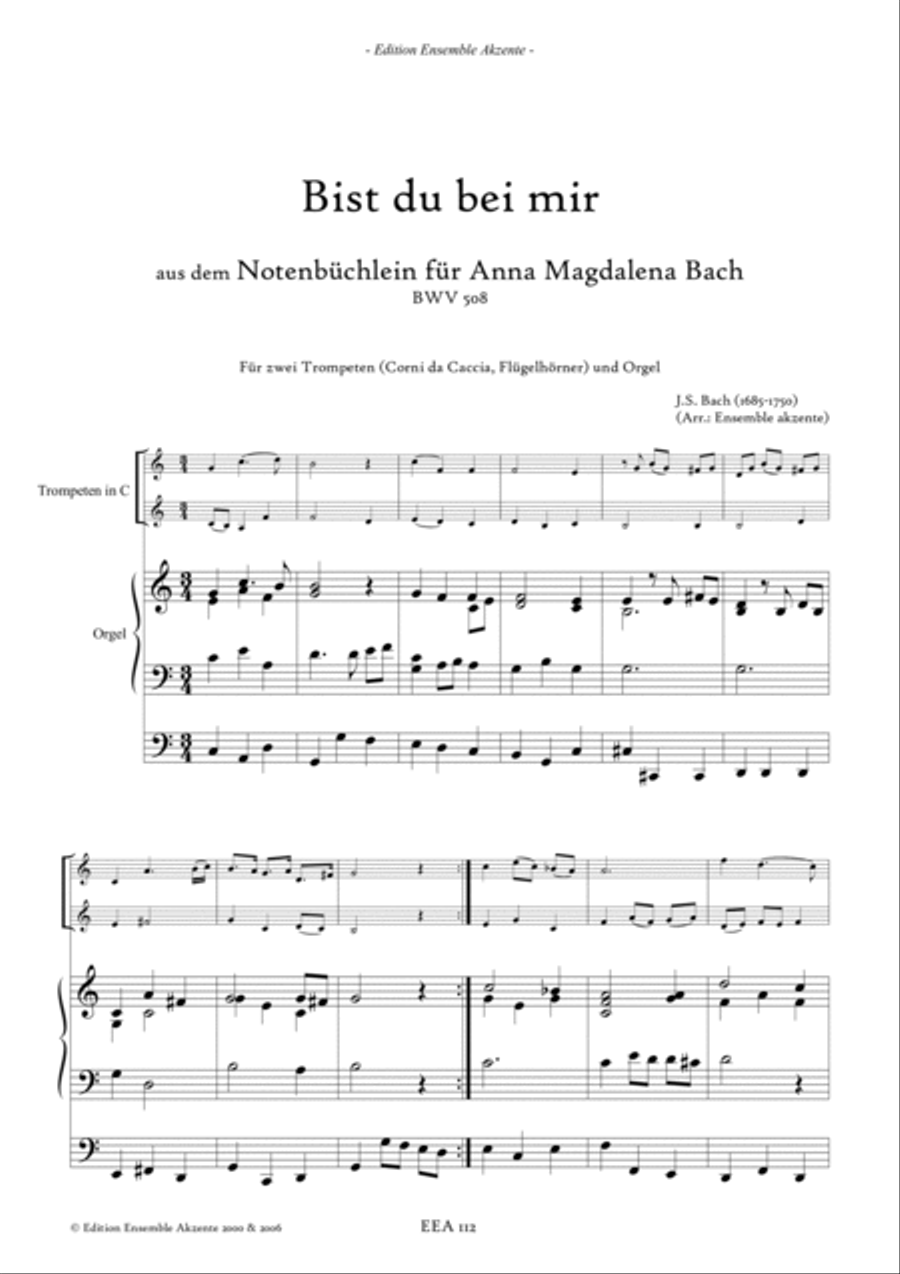 Be you with me / Bist Du bei mir from BWV 508 - arrangement for two trumpets and organ Trumpet Duet scores gallery preview page 3