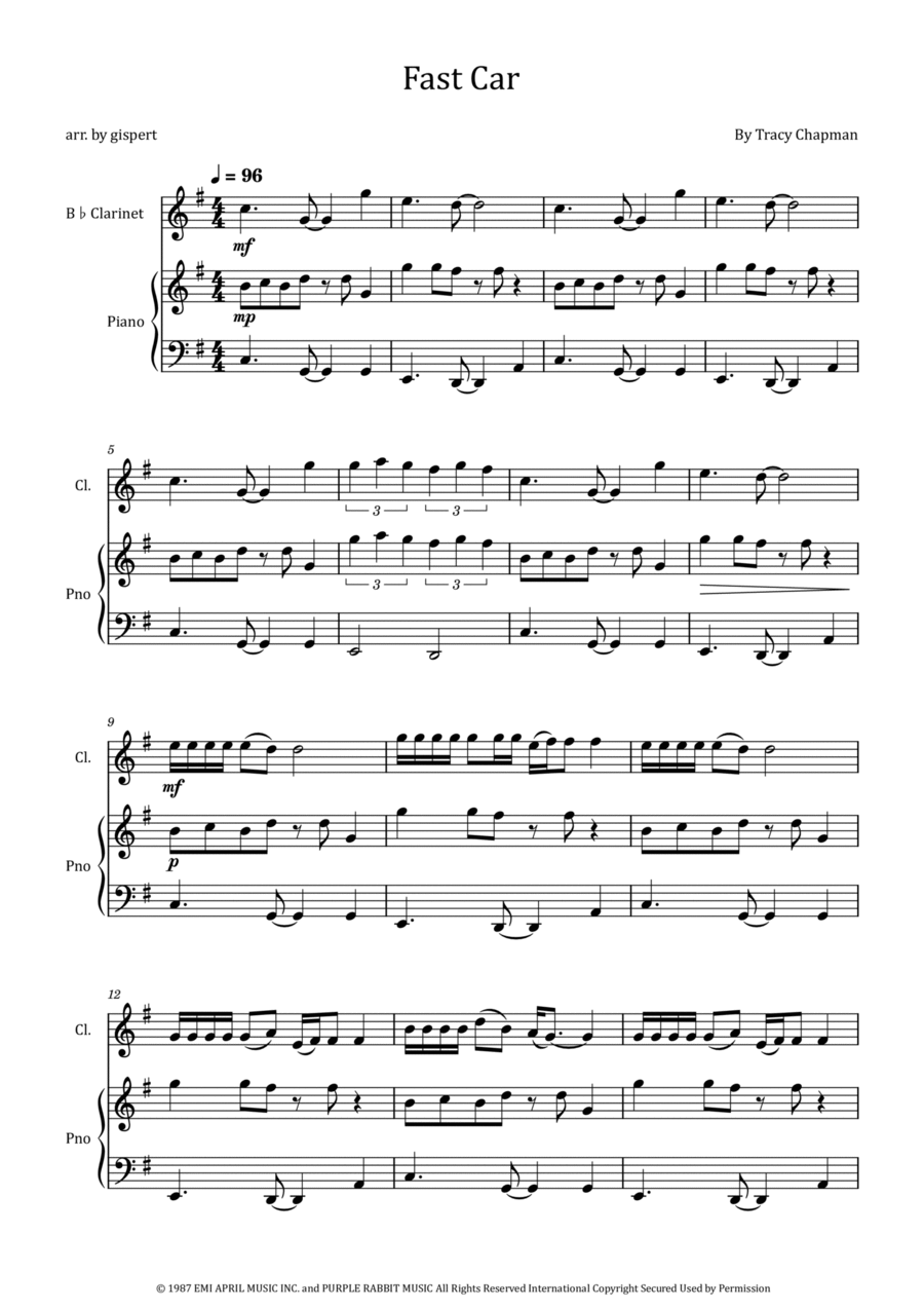 Fast Car B-Flat Clarinet scores gallery preview page 1