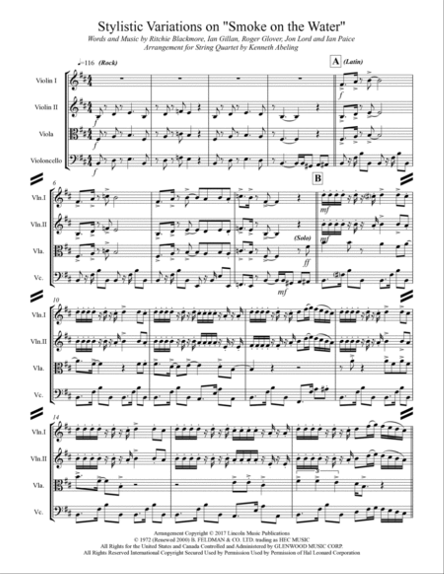Smoke On The Water String Quartet scores gallery preview page 2