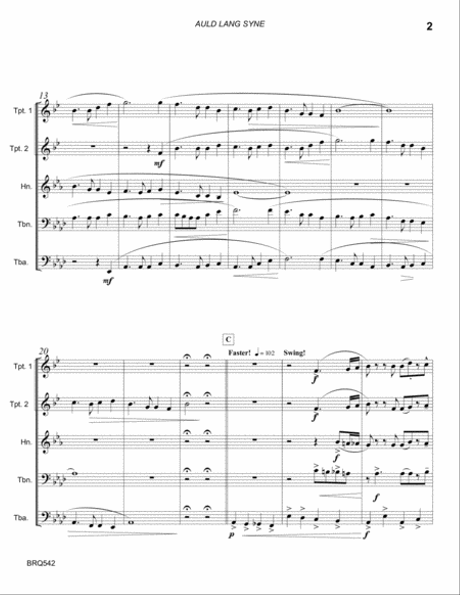 AULD LANG SYNE arranged for BRASS QUINTET Brass Quintet scores gallery preview page 2