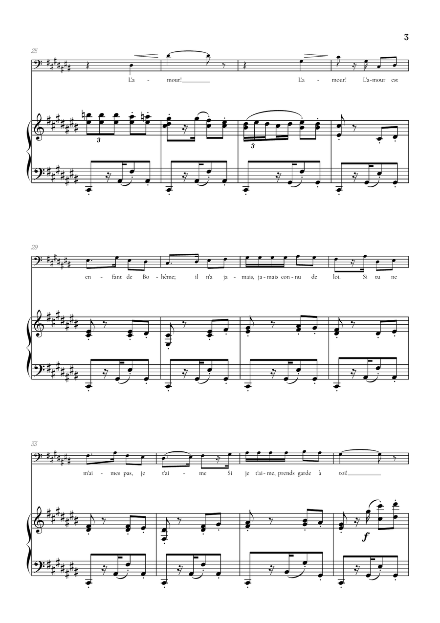 Bizet • Habanera from Carmen in C# minor [C#m] | bass voice sheet music with piano accompaniment Bass Voice scores gallery preview page 3