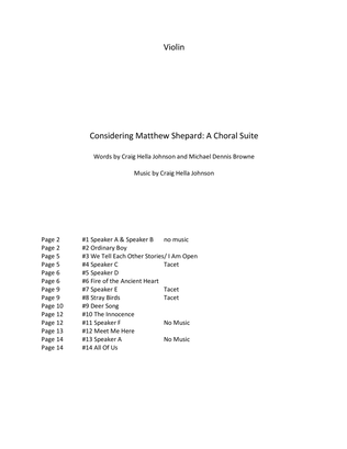 Book cover for Considering Matthew Shepard: A Choral Suite - Violin