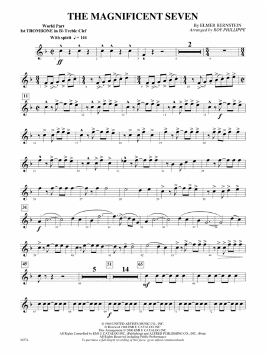The Magnificent Seven: (World Part) 1st B-flat Trombone T.C. Concert Band scores gallery preview page 1
