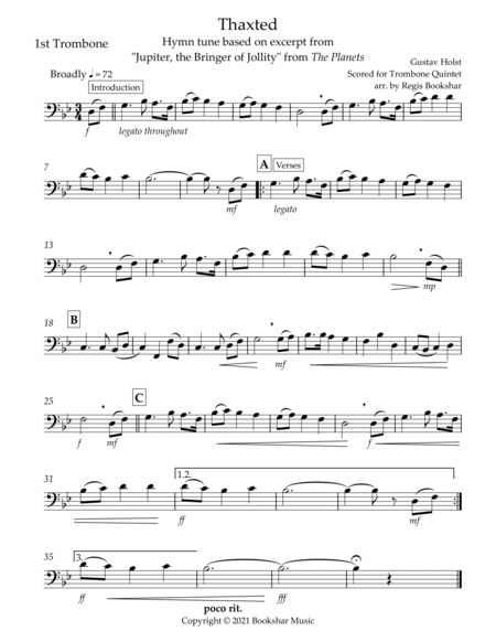 Thaxted (hymn tune based on excerpt from "Jupiter" from The Planets) (Bb) (Trombone Quintet) image number null