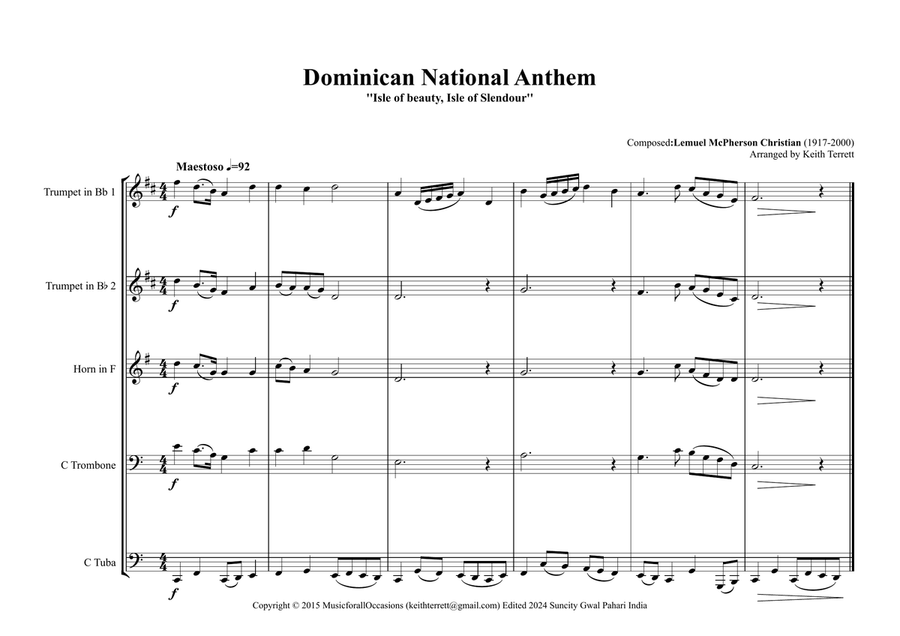 Dominican National Anthem (''Isle of beauty, Isle of Slendour'') for Brass Quintet Brass Quintet scores gallery preview page 1