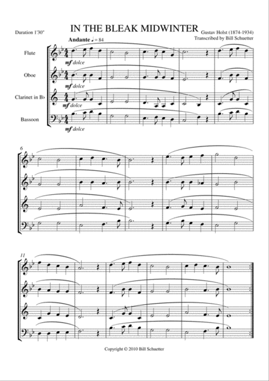 In the Bleak Midwinter Woodwind Quartet scores gallery preview page 1