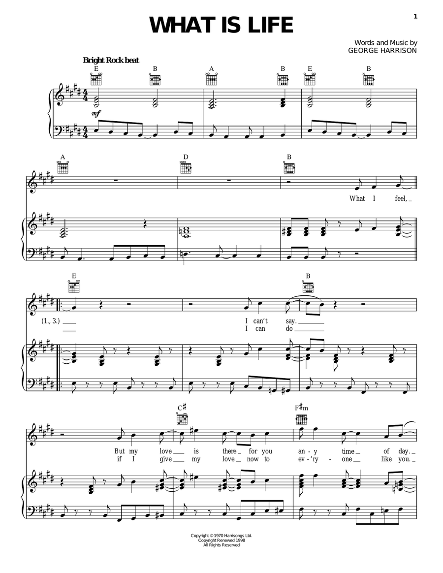 What Is Life Piano, Vocal, Guitar scores gallery preview page 1