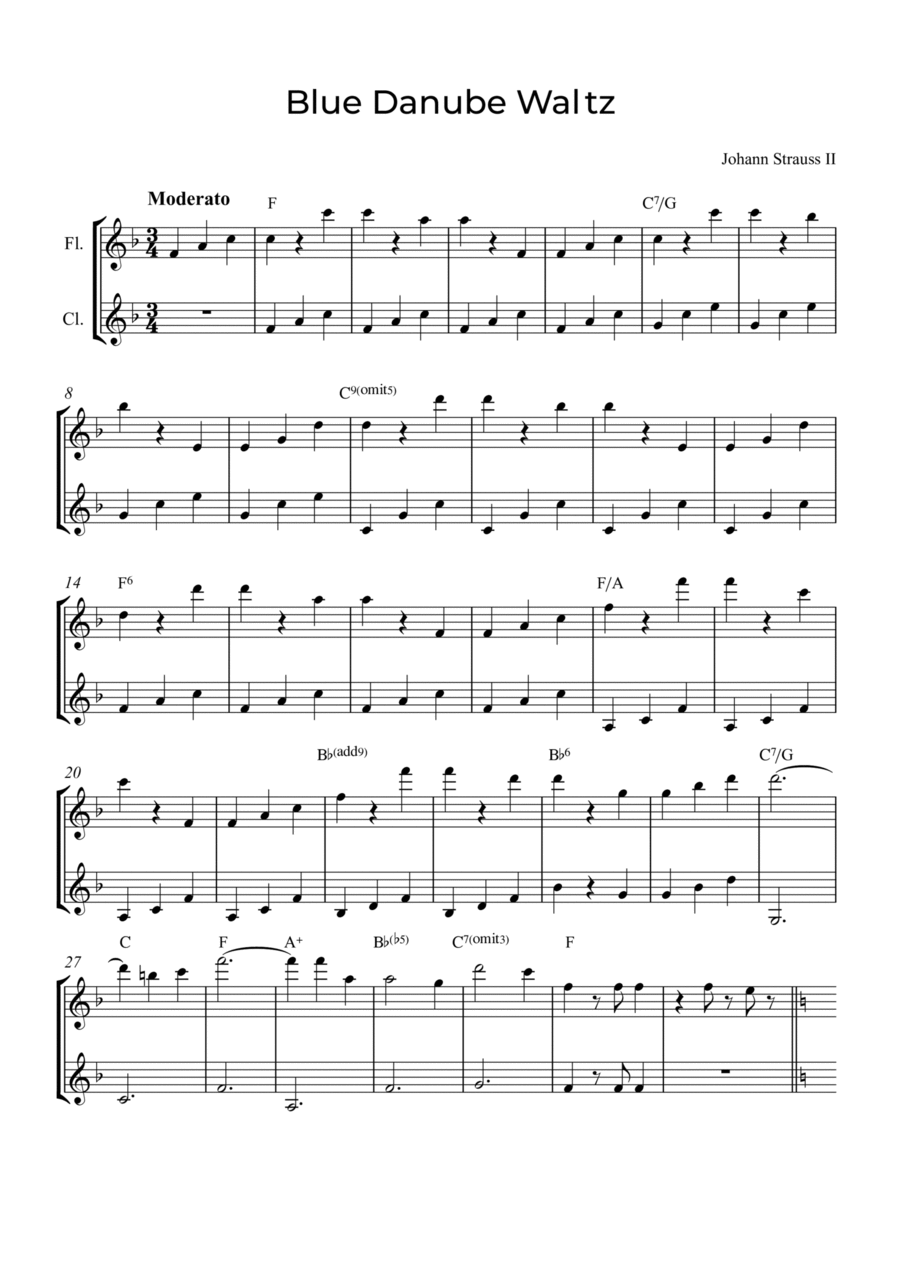 Blue Danube Waltz Woodwind Duet scores gallery preview page 1