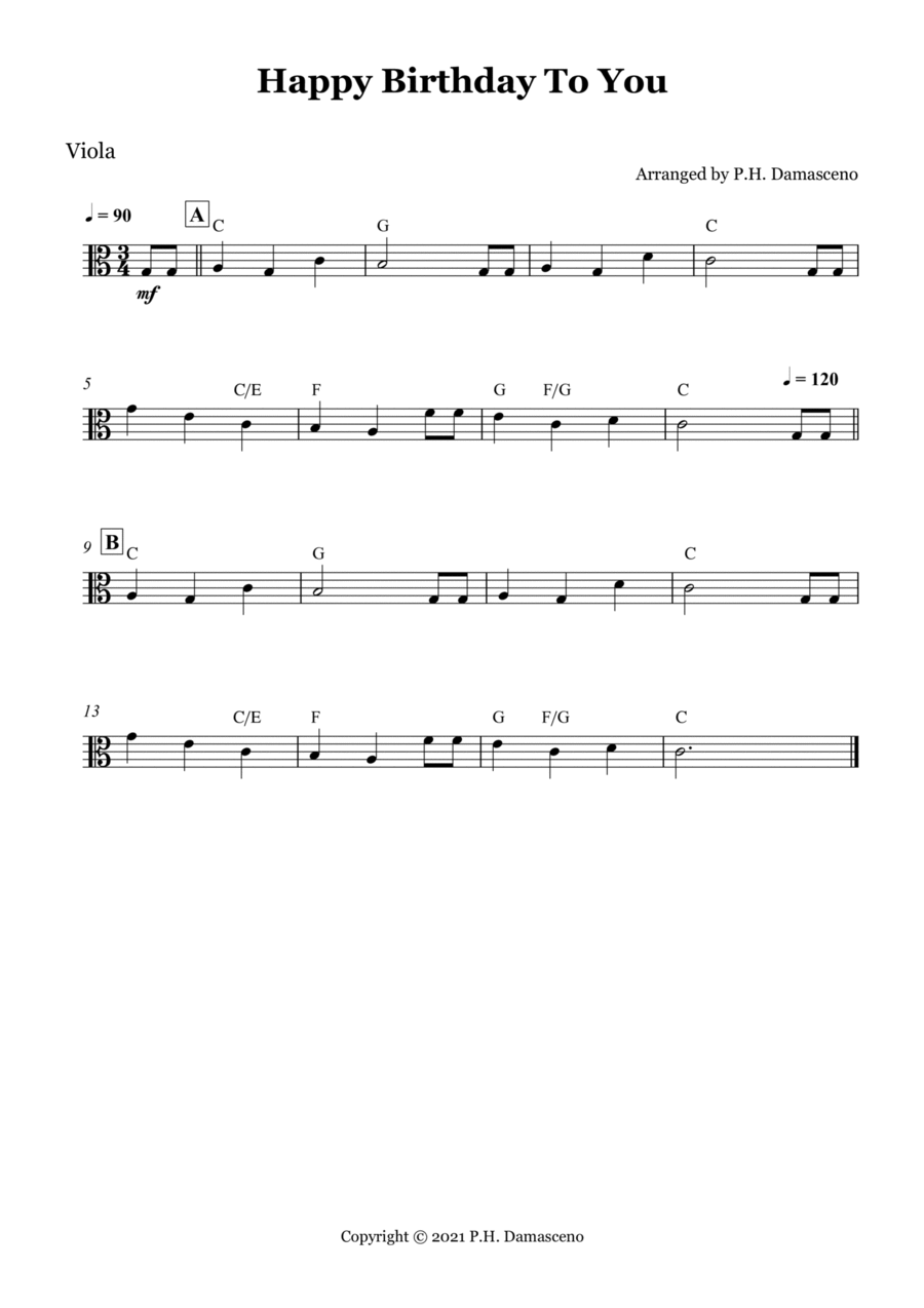 Happy Birthday To You - Viola Solo with Chords Viola Solo scores gallery preview page 1