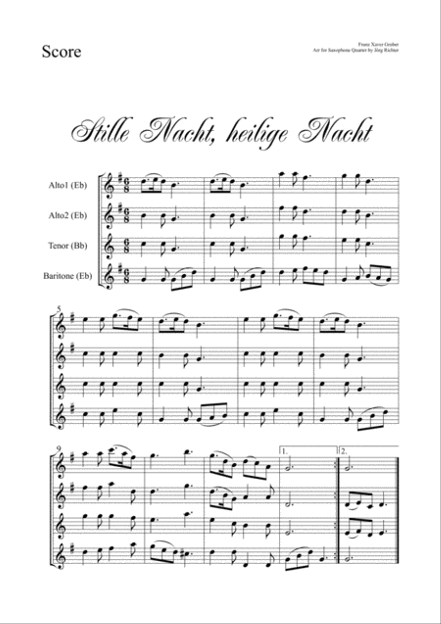Silent Night (Stille Nacht, heilige Nacht) for Saxophone Quartet Saxophone Quartet scores gallery preview page 2