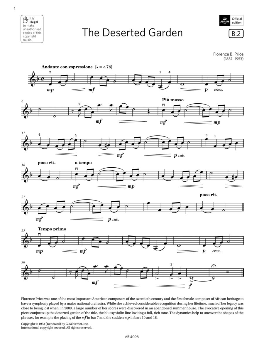 The Deserted Garden (Grade 4, B2, from the ABRSM Violin Syllabus from 2024) Violin Solo scores gallery preview page 1